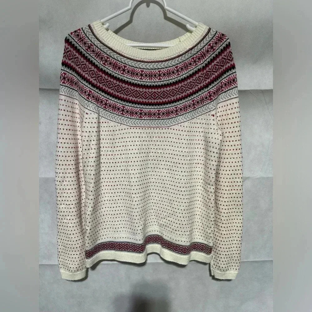 Talbots Sweater Ivory Red Women’s M Fair Isle Lambs Wool Nordic Hearts Pullover